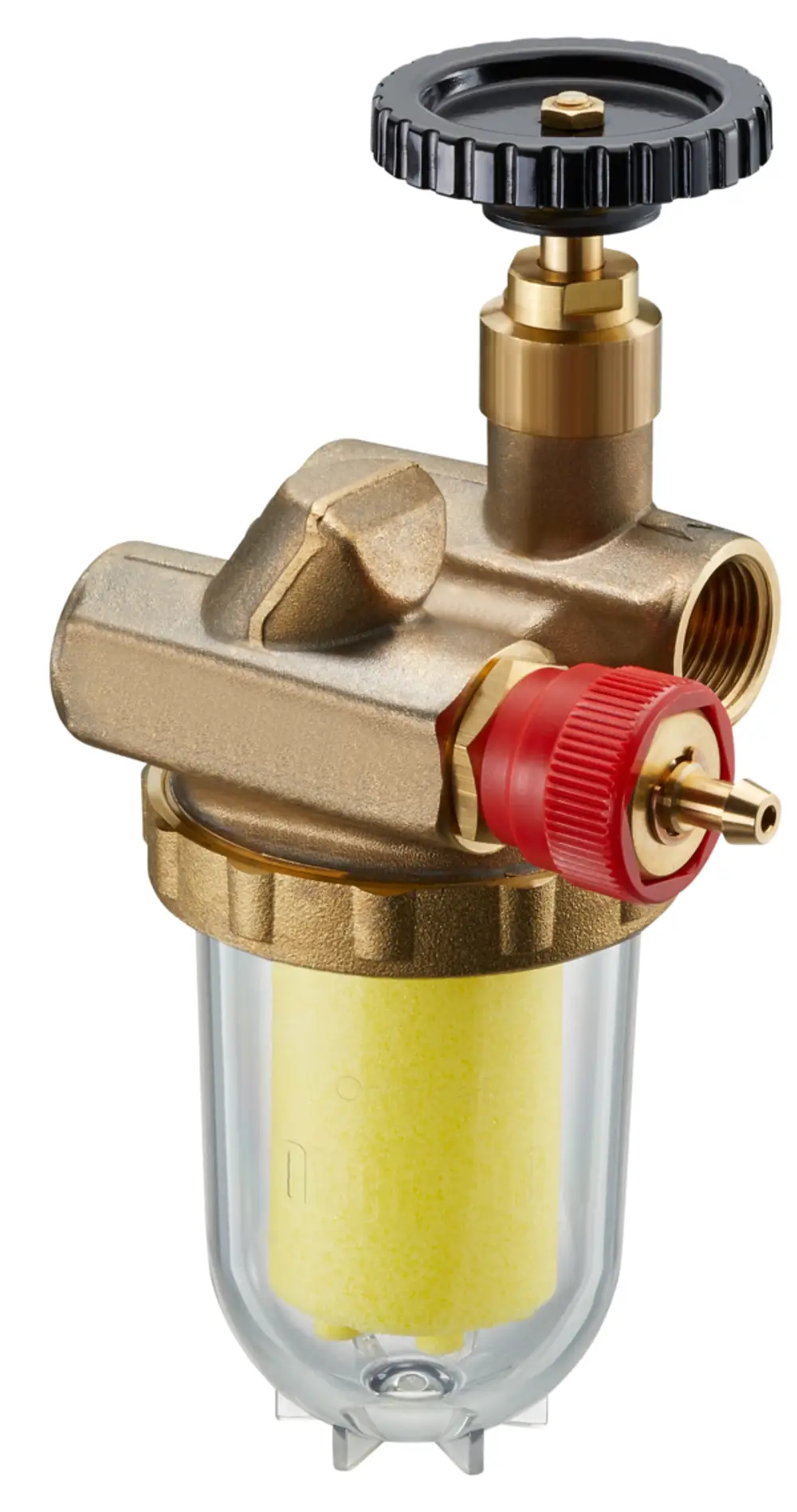 Oventrop Heizölfilter mit transparentem Gehäuse, schwarzem Handrad, Absperrventil und Sinterkunststoff-Filterelement zur Partikelfiltration.
